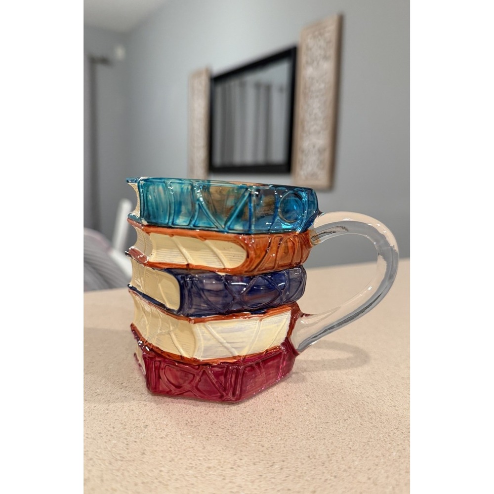 3D Painted Book Stack Whimsical Coffee Cup Tea Mug Drinkware Gift Reader Teacher